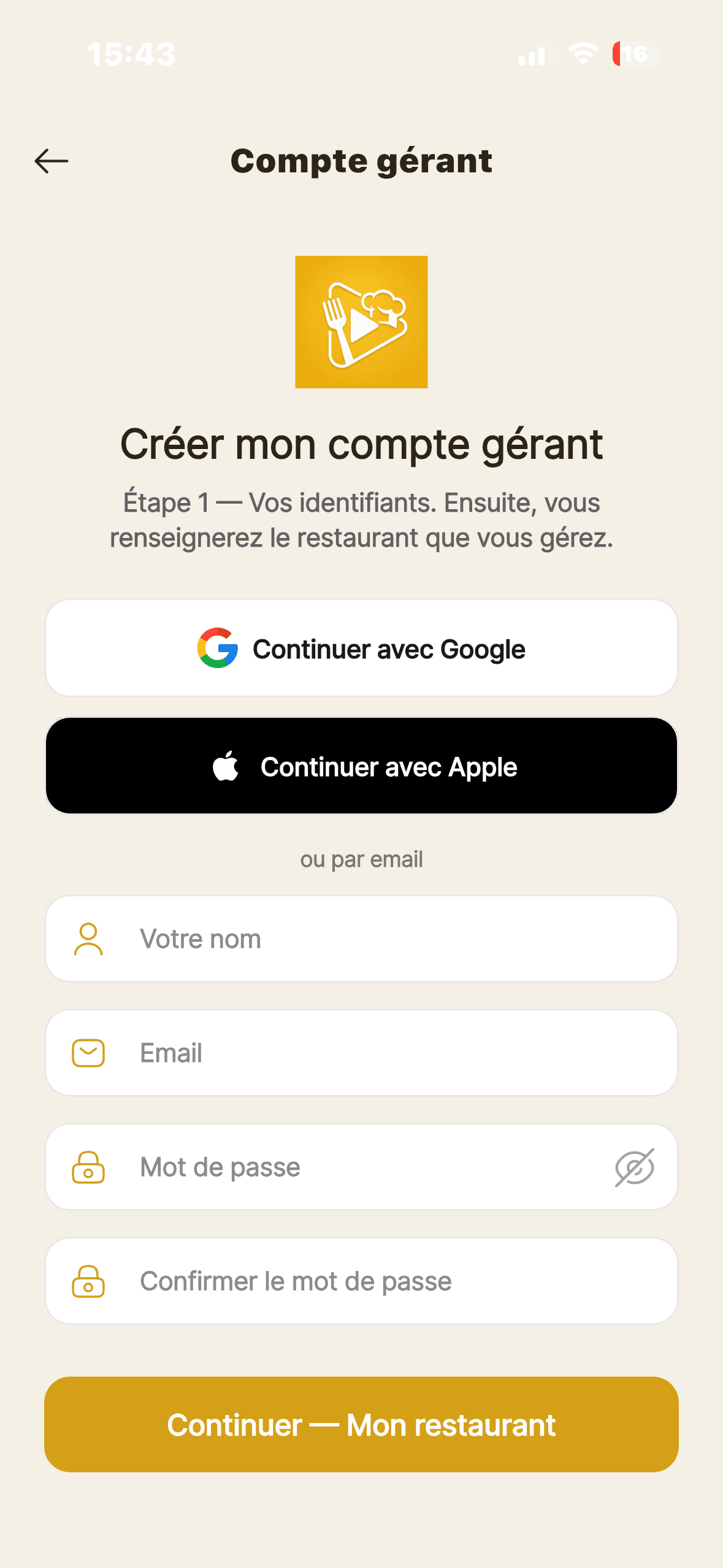 Créer un compte — Étape 1 — vos identifiants